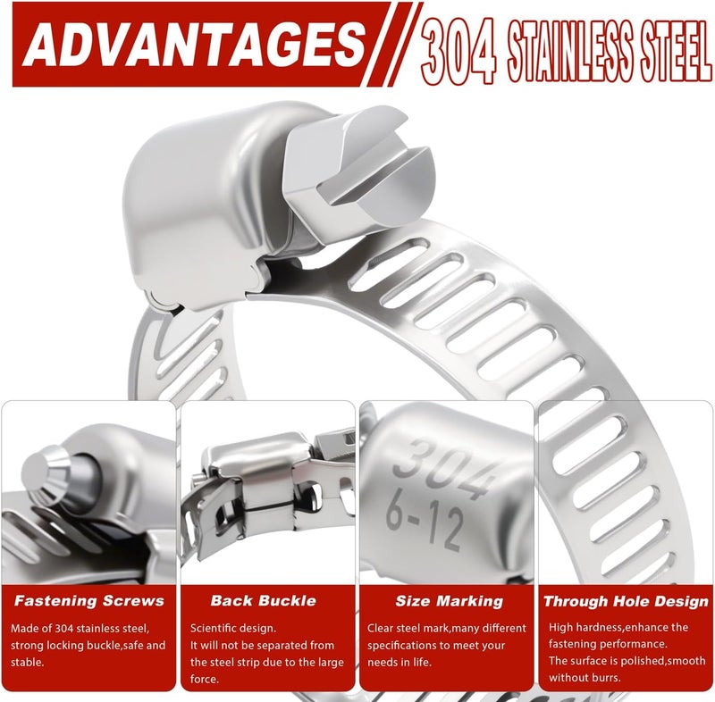 Brintek 202PCS Hose Clamp Assortment, 1/4”-2”(6-51mm) Adjustable Stainless Steel Worm Gear Clamps for Plumbing, Pipe, Fuel Line, Automotive, Garden and Mechanical Applications - Image 4